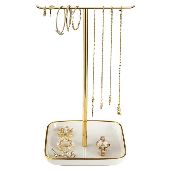 Josmimic Necklace Tree with Ceramic Tray, 12" — White