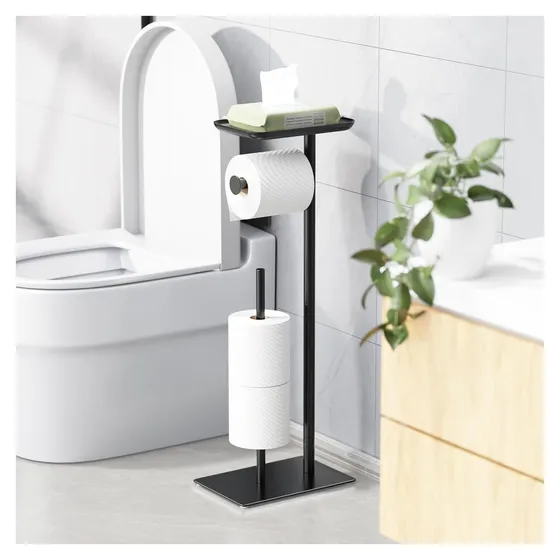 Josmimic Toilet Paper Stand with Top Shelf — Black