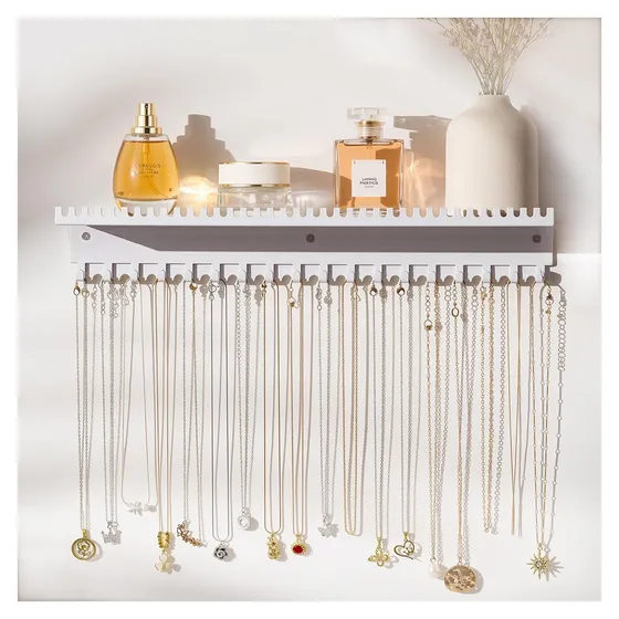 Josmimic Wall Necklace Holder with Shelf — White