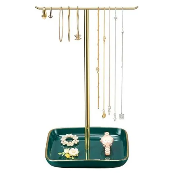 Josmimic Necklace Tree with Ceramic Tray, 12" — Green