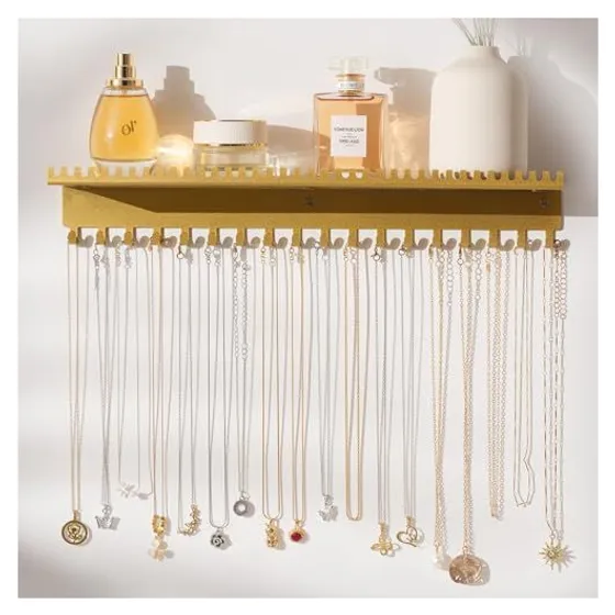 Josmimic Wall Necklace Holder with Shelf — Gold