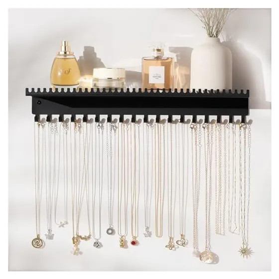 Josmimic Wall Necklace Holder with Shelf — Black