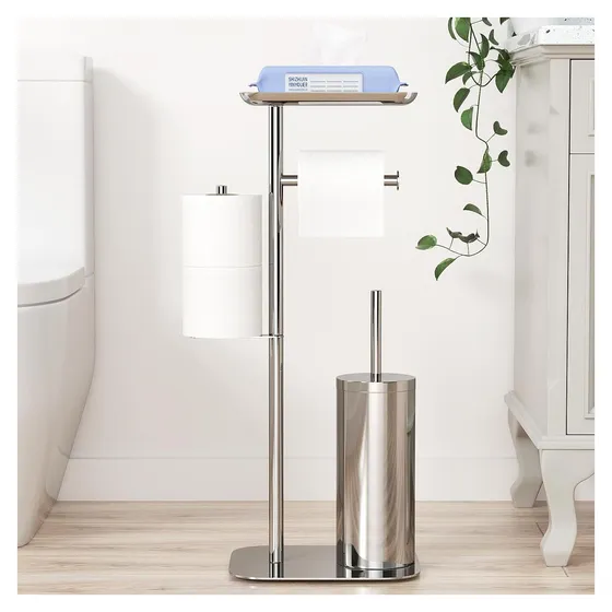 Josmimic Toilet Paper Stand with Brush — Silver