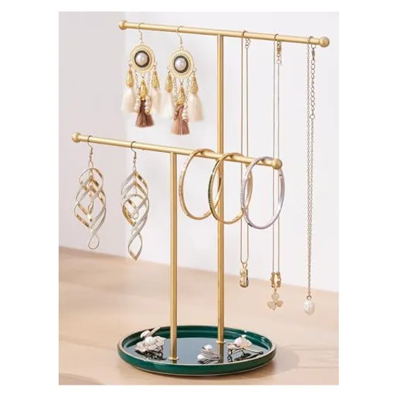 Josmimic Jewelry Stand with Ceramic Tray — Gold bar, green base