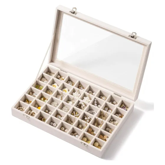 Josmimic 48-Grid Velvet Earring Tray with Lid — Beige
