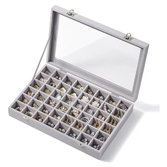 Josmimic 48-Grid Velvet Earring Tray with Lid — Grey