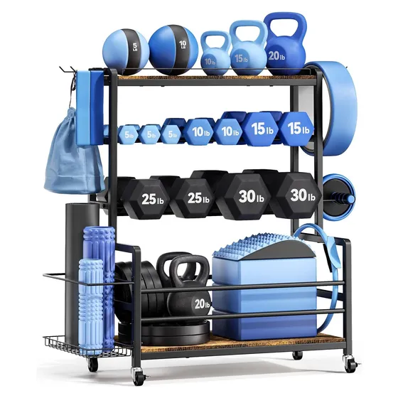 Josmimic Rolling Gym Rack with Wood Shelves